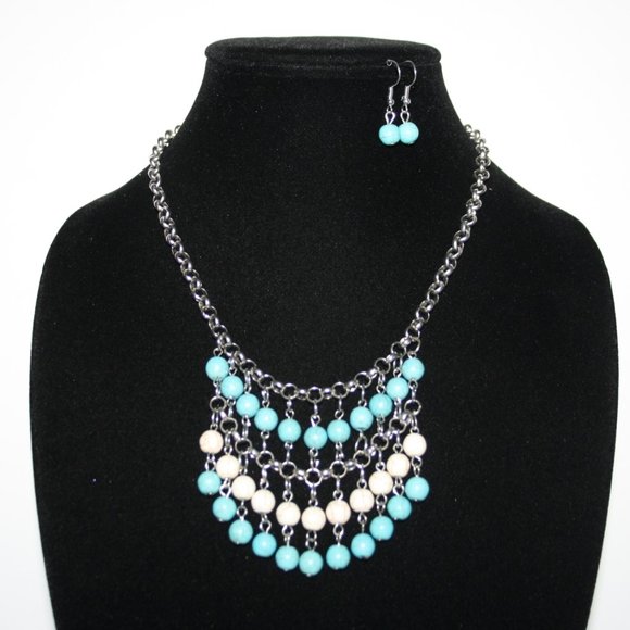 silver turquoise and white necklace earrings set